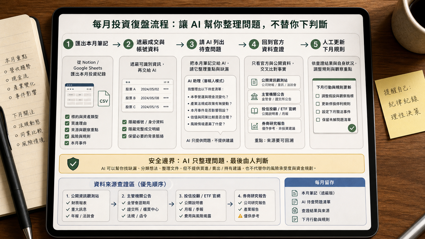 AI 投資復盤安全流程圖,從遮蔽資料到官方來源查證再人工決策
