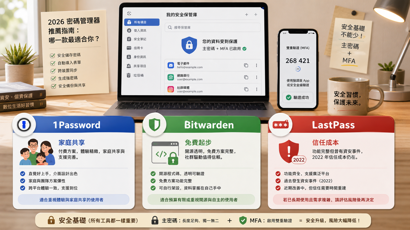 1Password、Bitwarden、LastPass 密碼管理器推薦選擇分流圖