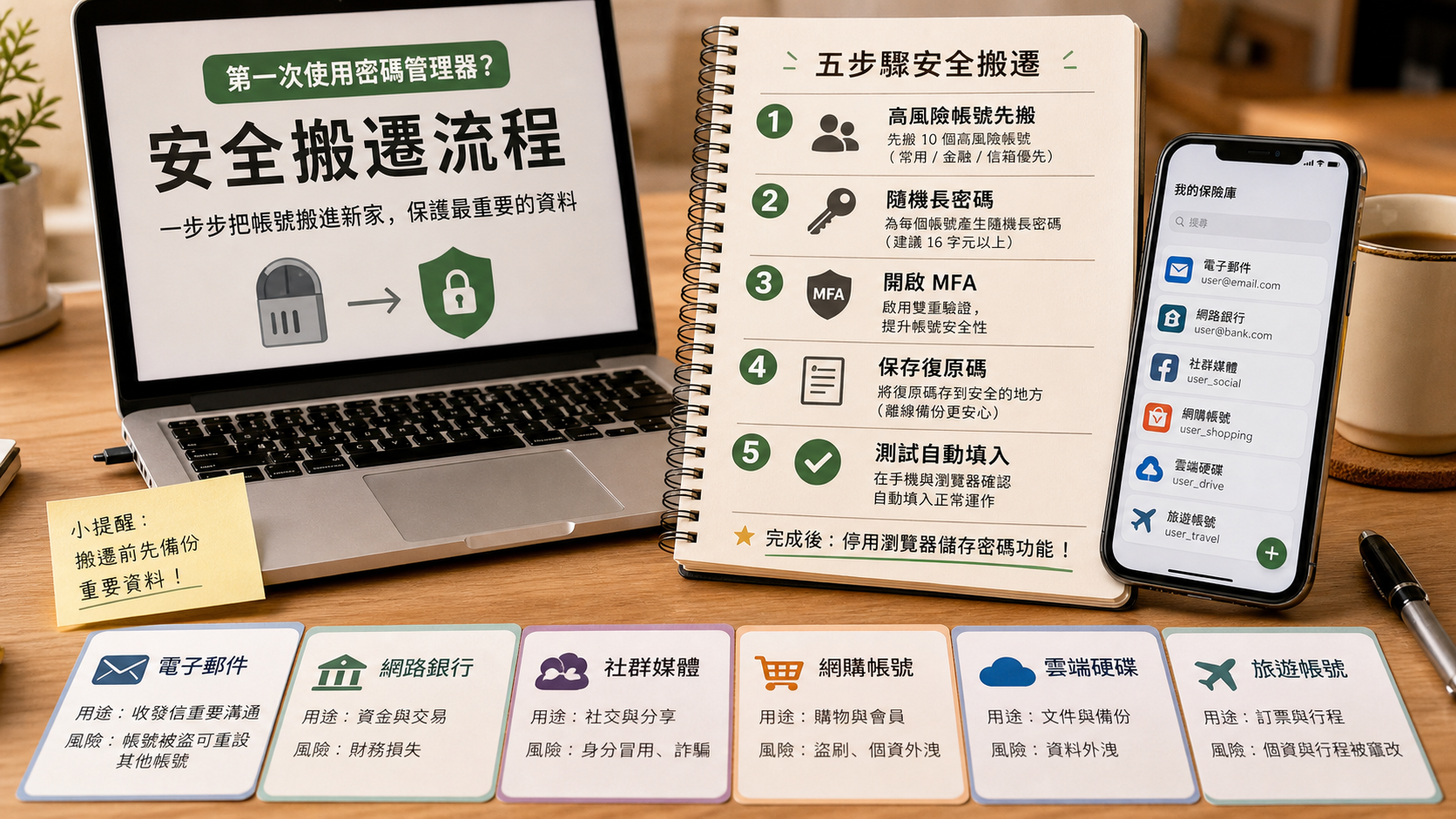 第一次使用密碼管理器先搬高風險帳號並開啟 MFA 的流程圖