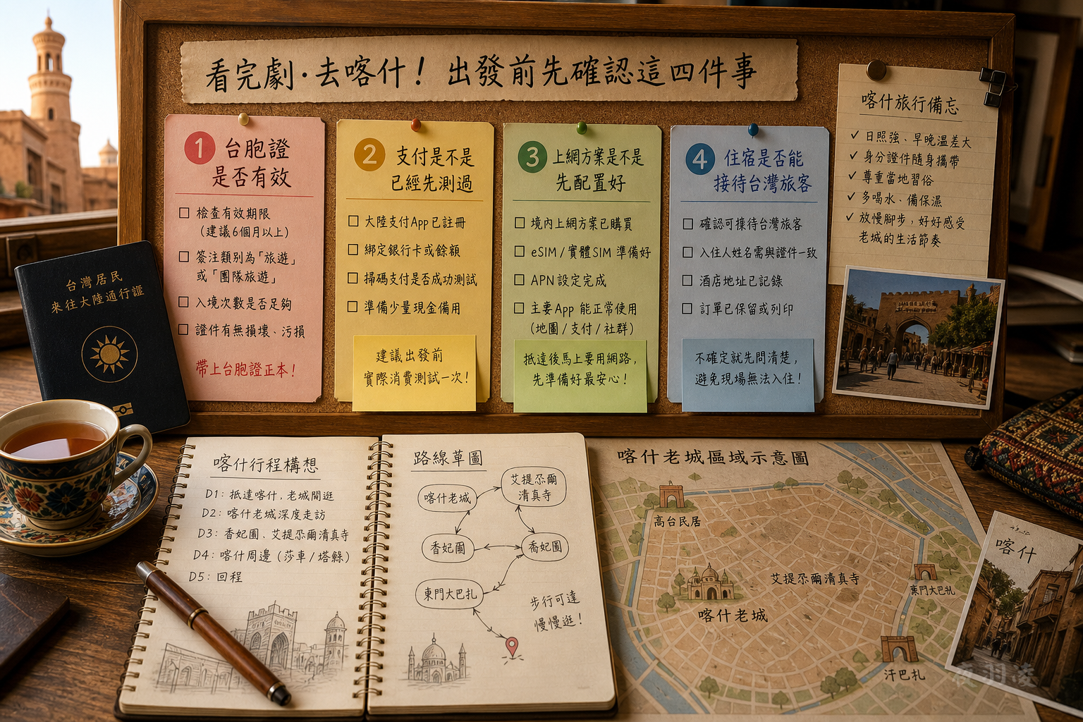 喀什自由行前要先確認的台胞證、支付、上網與住宿四項決策示意