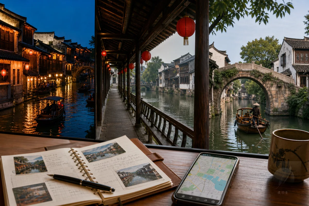 烏鎮夜景西塘廊棚周莊石橋並列的江南水鄉比較圖