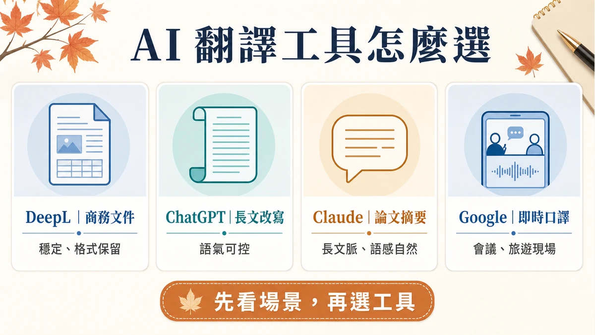 DeepL、ChatGPT、Claude、Google 翻譯工具場景選擇比較圖