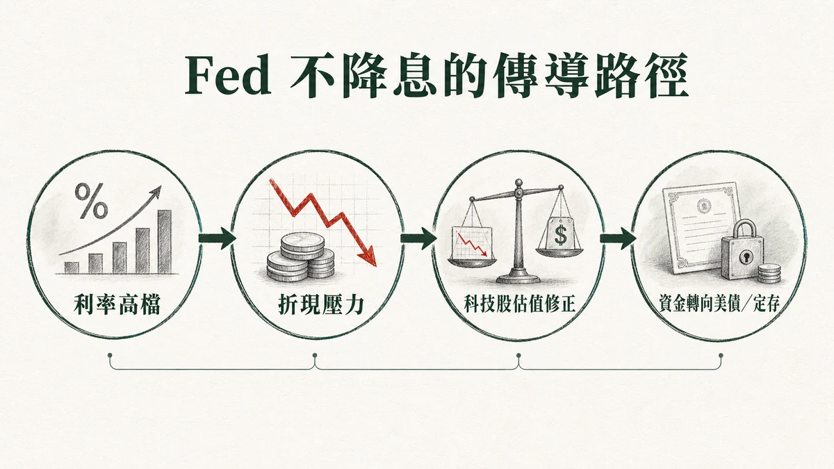 Fed 不降息如何透過折現壓力影響台股科技股估值流程圖