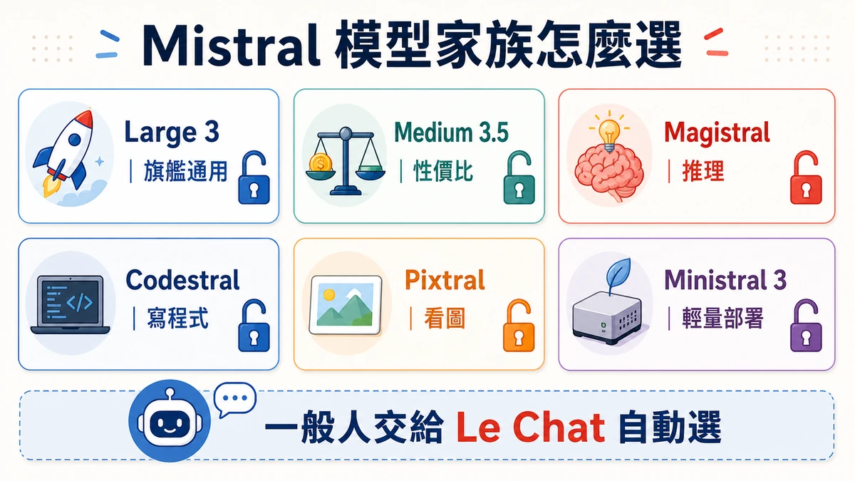 Mistral 模型家族 Large 3、Magistral、Codestral 用途比較圖