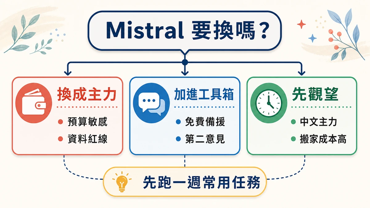 Mistral 該換、該加還是觀望的 AI 工具決策樹