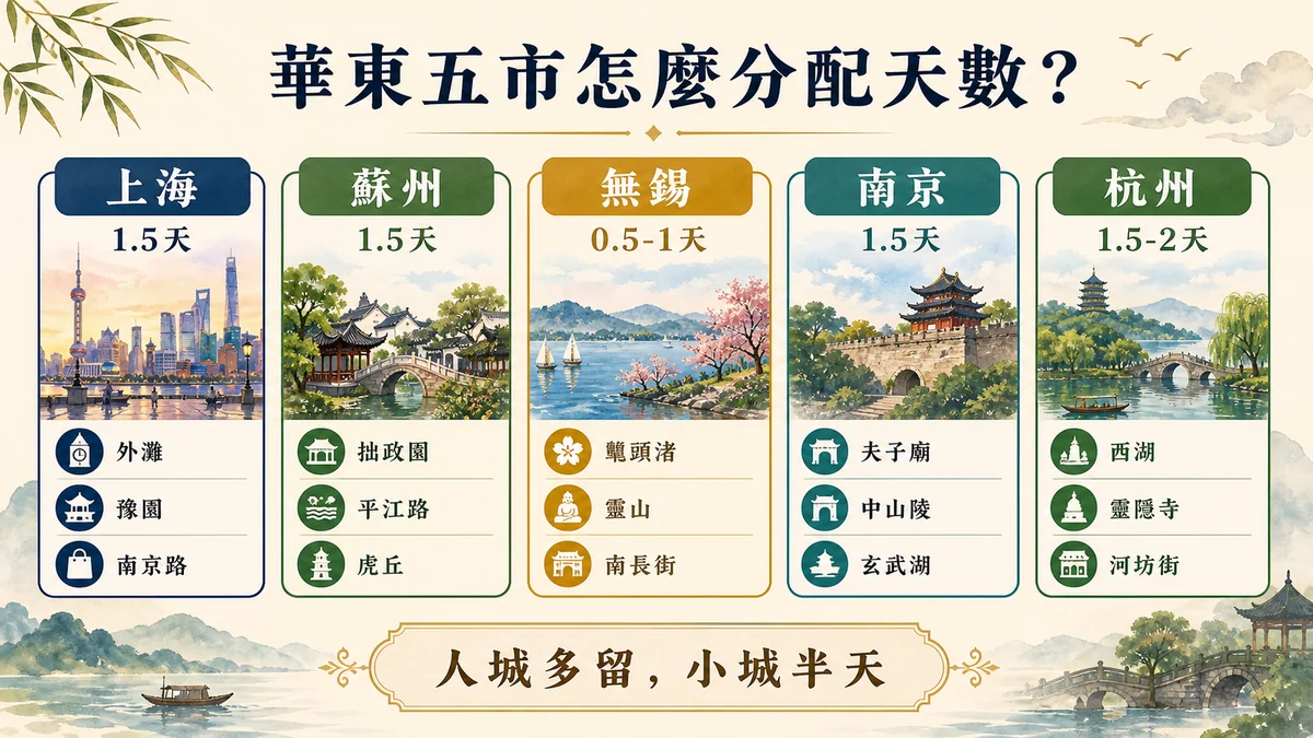 華東五市自由行天數分配圖：上海蘇州無錫南京杭州各停幾天