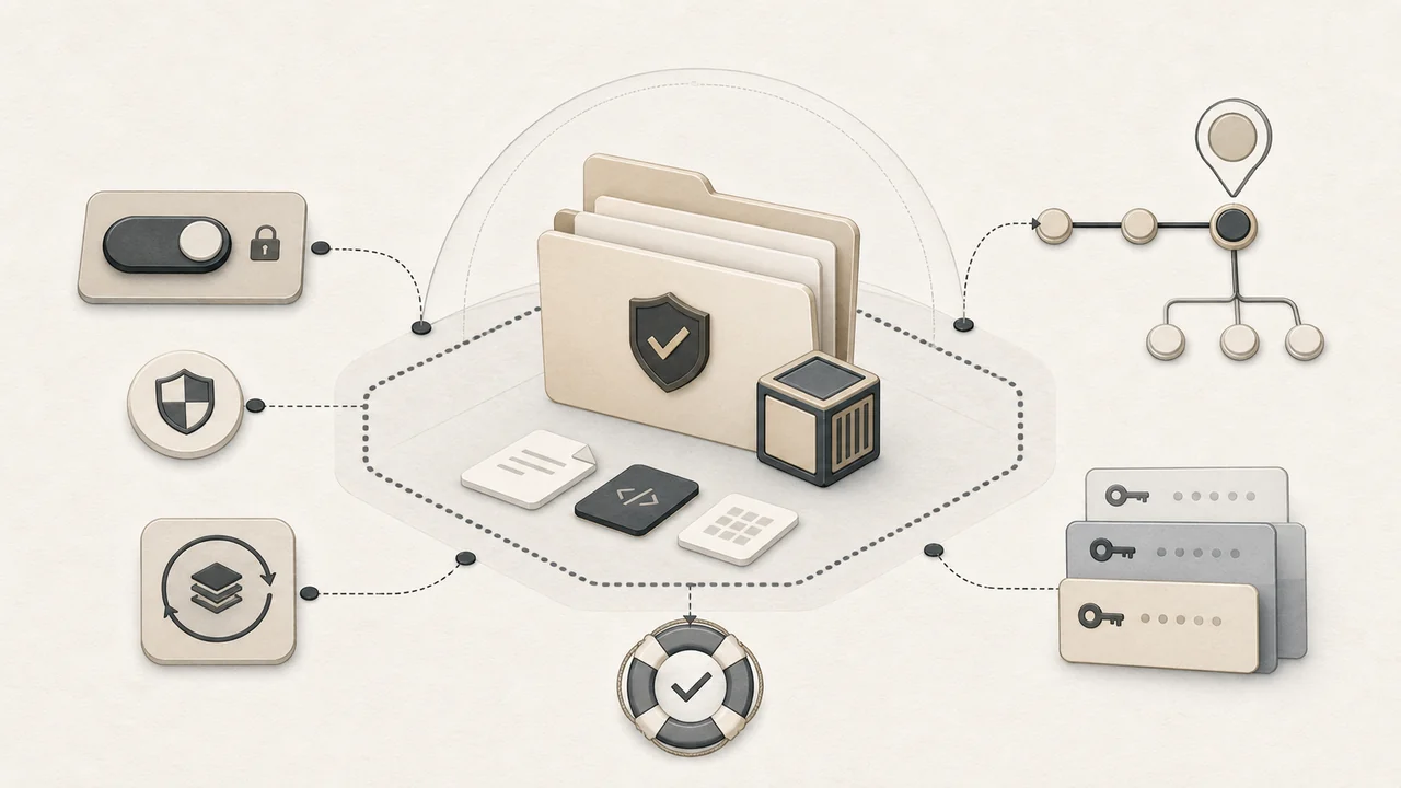Editorial cover showing a project folder protected by sandbox, permission switch, git checkpoint, container, and credential guardrails