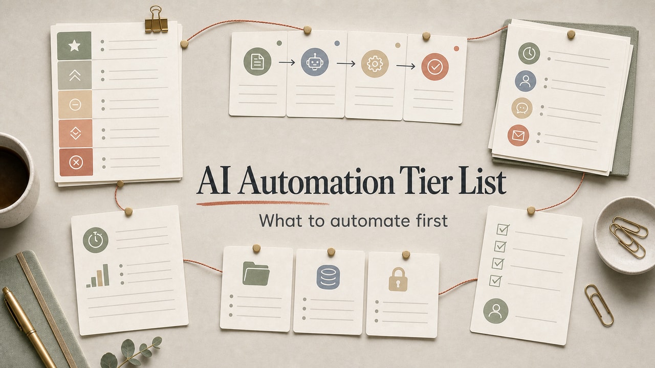 AI automation for small business cover showing task cards, risk ladder, time saved notes and review checkpoints