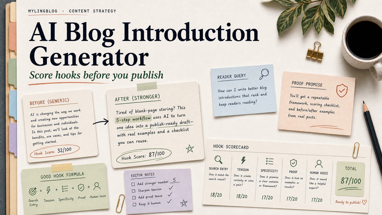 AI blog introduction generator cover showing before and after intro cards, reader query note, proof promise and hook scorecard