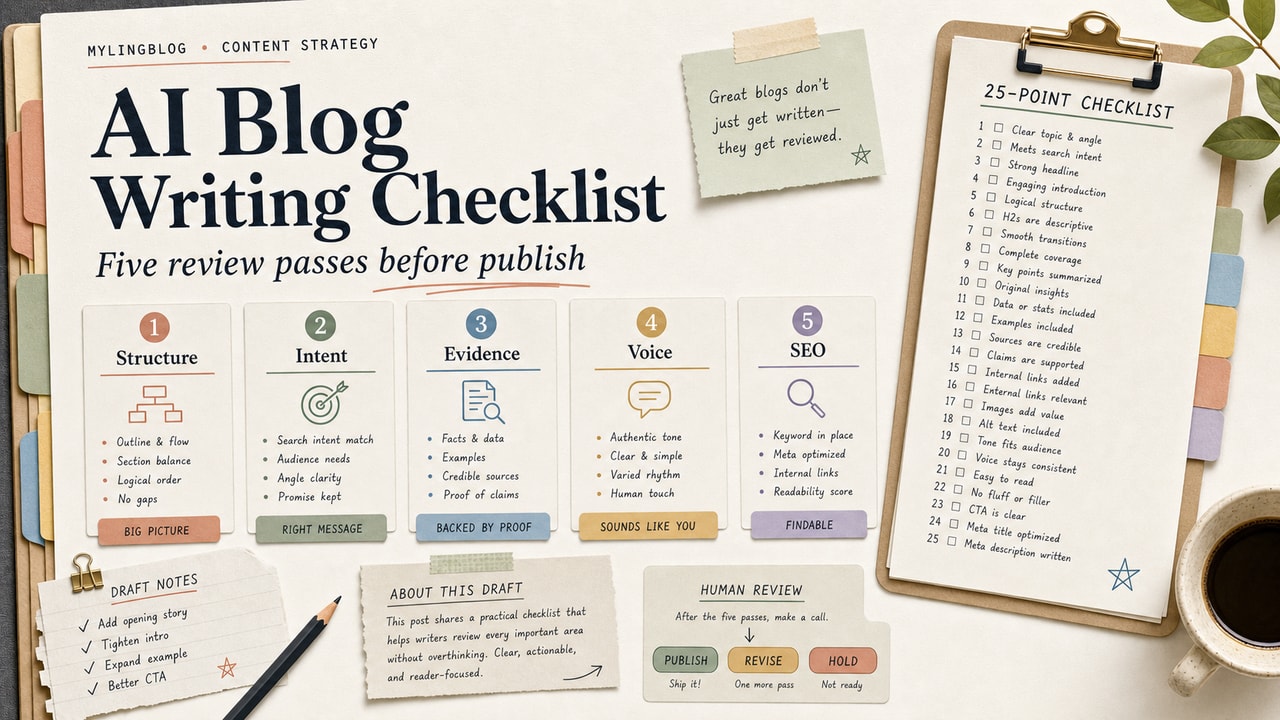 AI blog writing checklist cover showing five review passes, a 25 point checklist, draft notes and human review decisions