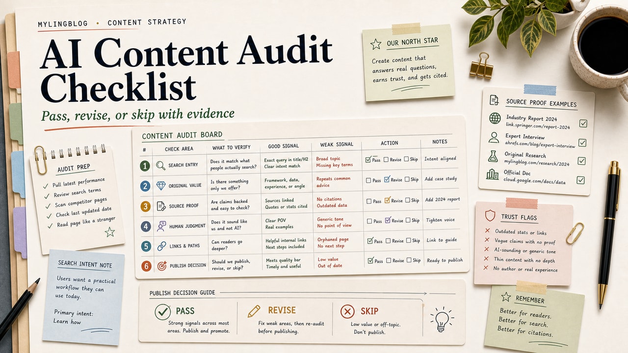 AI content audit checklist cover showing source proof cards, search intent note, trust flags and pass revise skip decision board