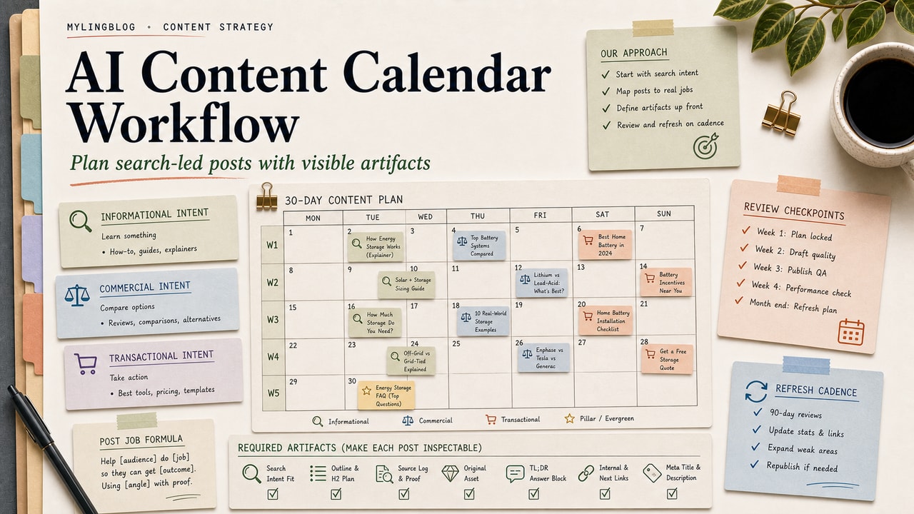 AI content calendar workflow cover showing a 30-day planning grid, search intent cards, required artifacts and review checkpoints