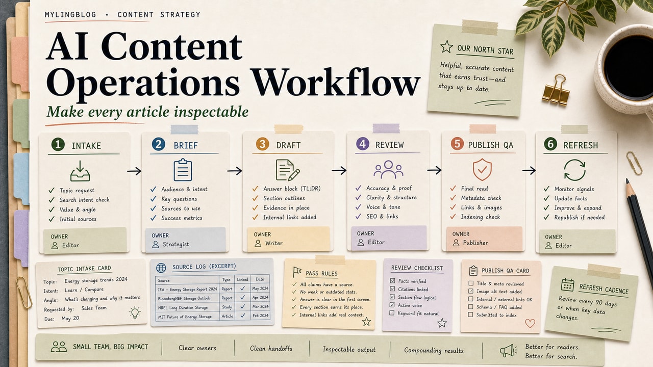 AI content operations workflow cover showing intake, brief, draft, review, publish QA and refresh lanes for a small content team