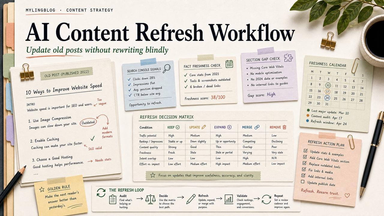 AI content refresh workflow cover showing old blog post markup, search console signals, freshness checks, gap notes and refresh decision matrix