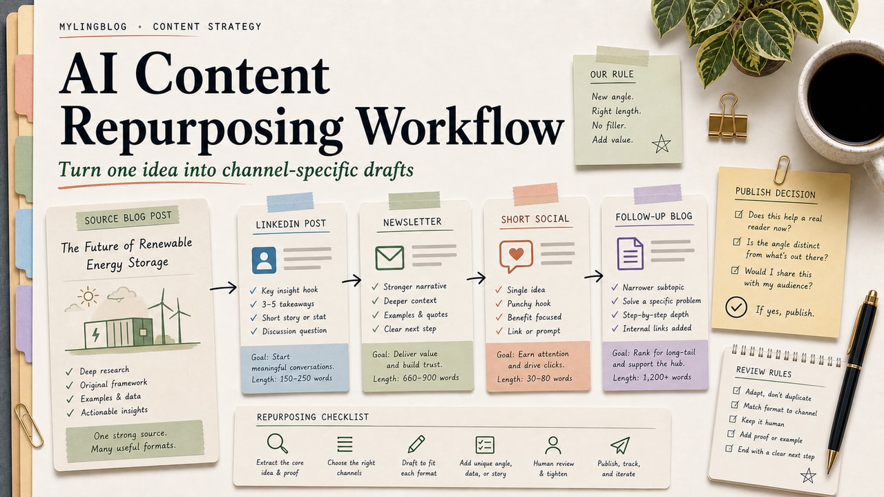 AI content repurposing workflow cover showing a source blog post feeding LinkedIn, newsletter, short social and follow-up blog channel cards