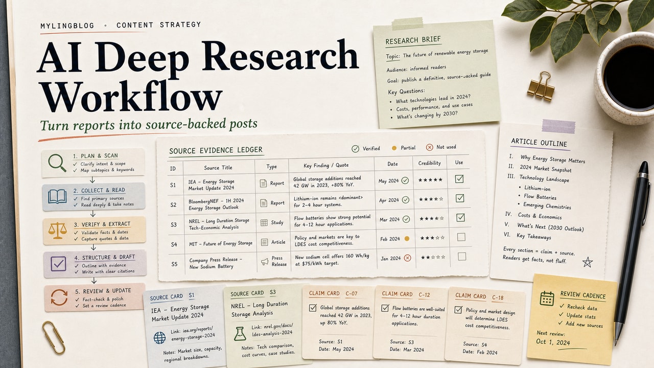 AI deep research workflow cover showing research brief, source evidence ledger, verified claim cards and article outline notes