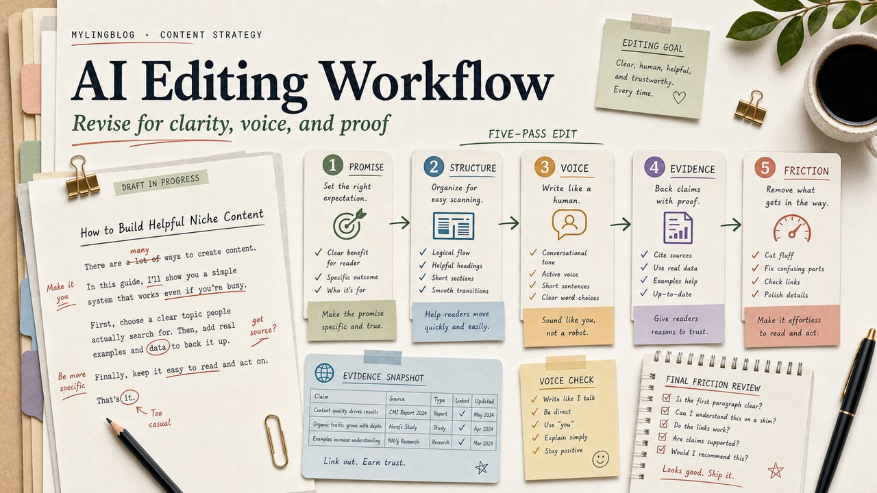 AI editing workflow cover showing draft markup, promise, structure, voice, evidence and friction editing passes
