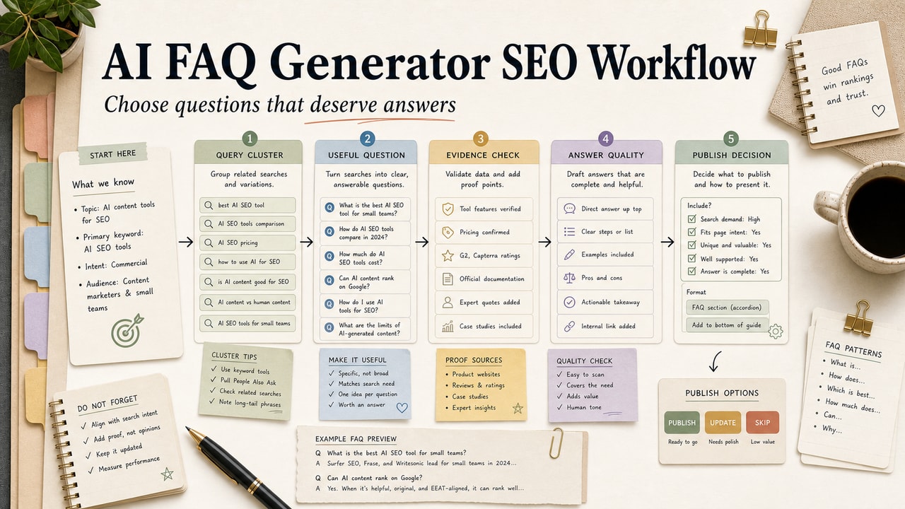 AI FAQ generator SEO workflow cover showing question clustering, search intent notes, answer quality checks and publish decisions