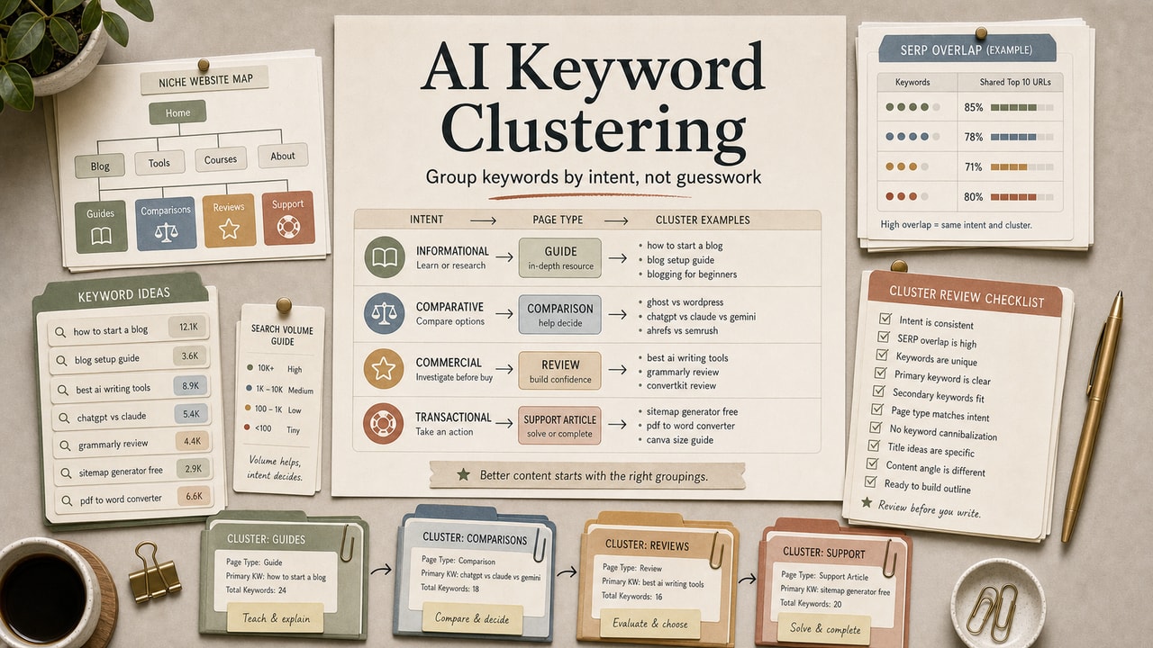 AI keyword clustering cover showing keyword cards, intent groups, niche site map, SERP evidence and cluster review checklist