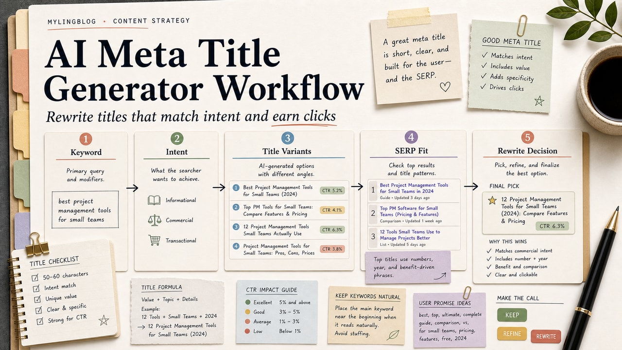 AI meta title generator workflow cover showing SERP snippets, title variants, intent notes, CTR promise and rewrite decisions