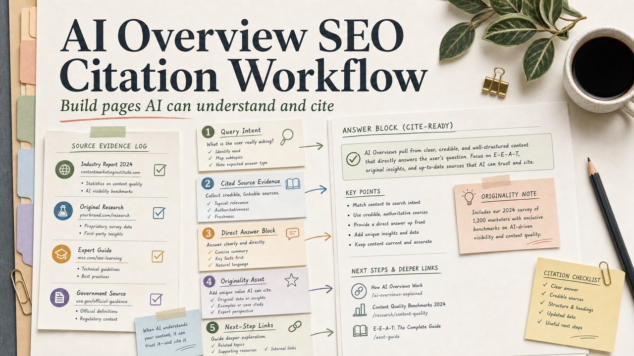 AI Overview SEO citation workflow cover showing query intent notes, source evidence log, answer block, originality asset and citation checklist
