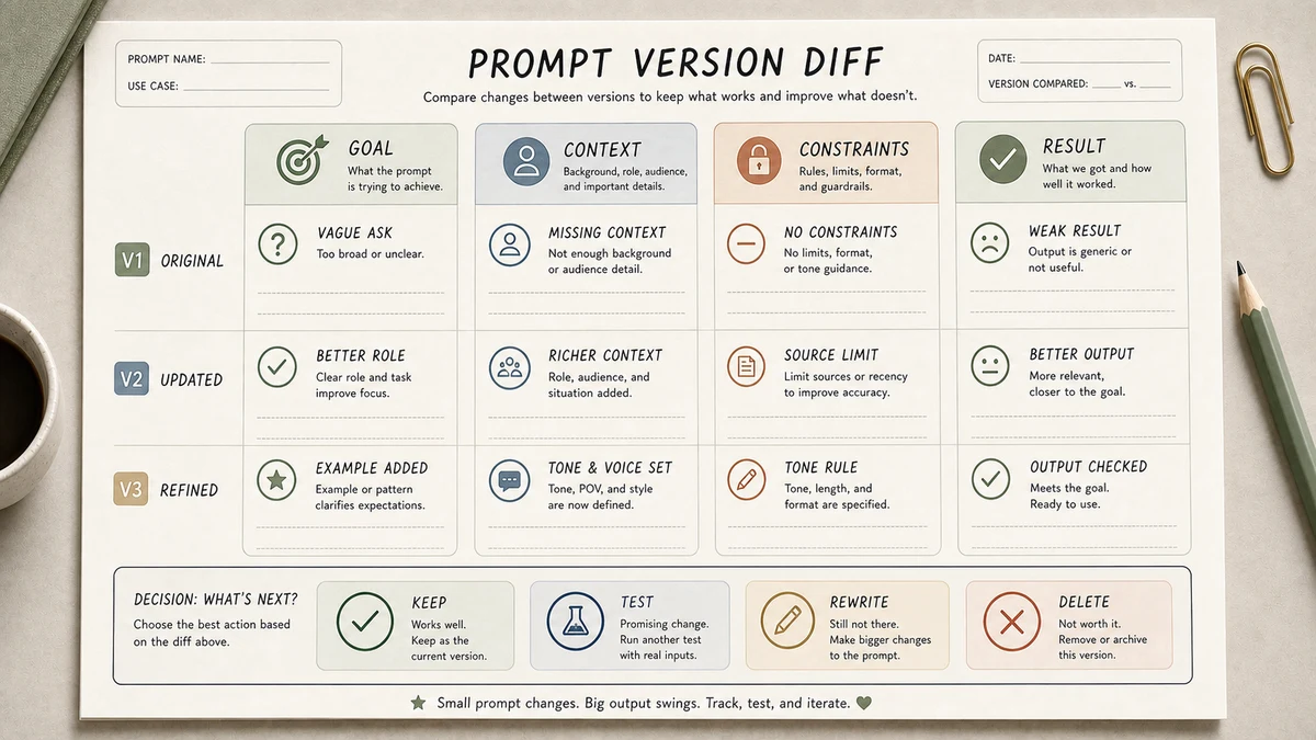 AI prompt templates prompt version diff worksheet with Goal, Context, Constraints and Result columns