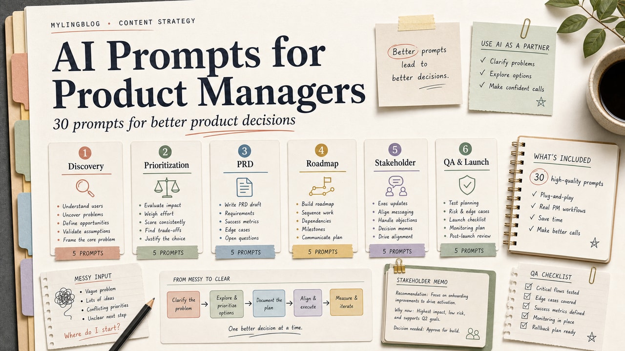 AI prompts for product managers cover showing prompt cards, user problem notes, prioritization matrix, PRD draft and roadmap decisions