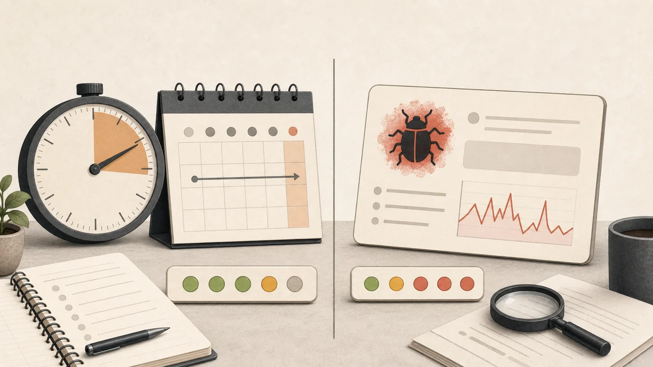 Editorial cover with a five-hour clock, weekly calendar, bug card, and status lights for AI rate limit troubleshooting