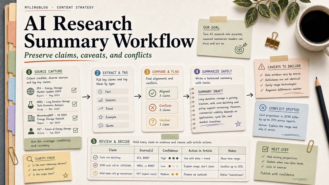 AI research summary workflow cover showing source capture, claim extraction, caveat cards, conflict notes and review table