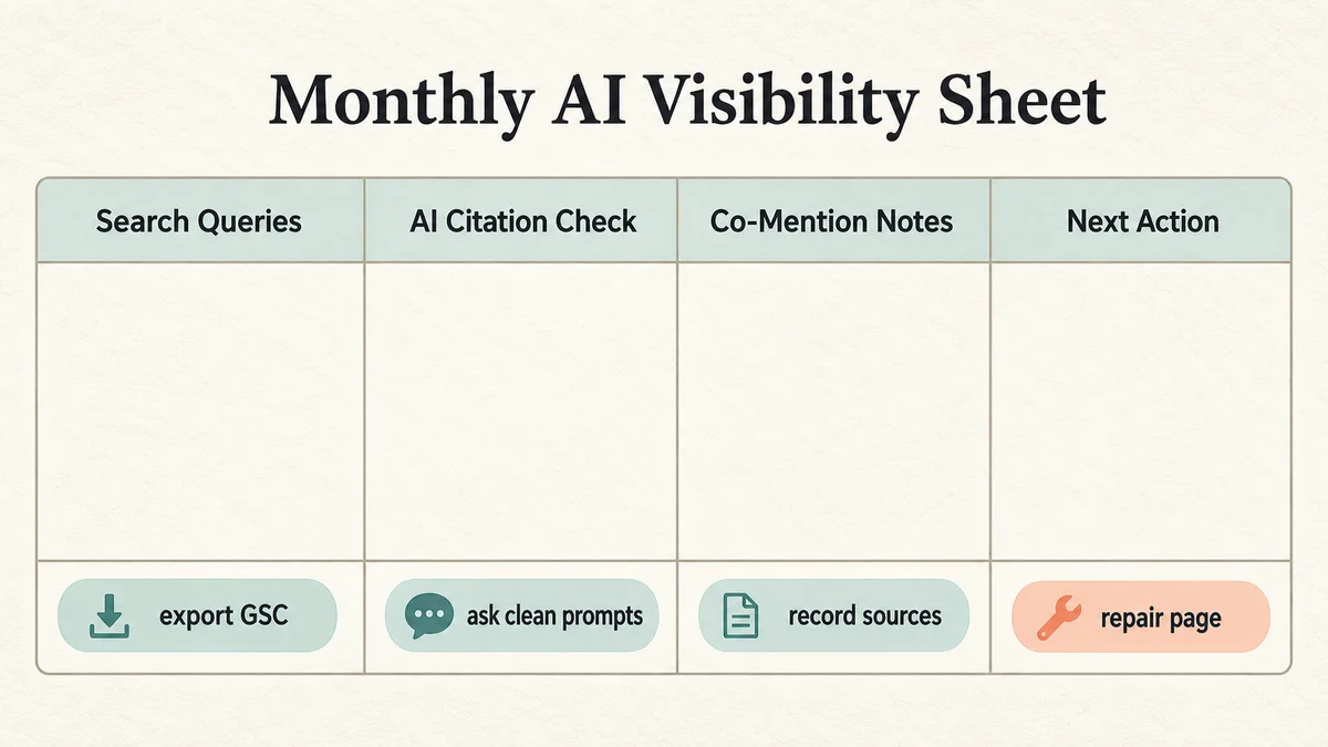 AI search visibility tracking sheet showing Search Queries, AI Citation Check, Co-Mention Notes, and Next Action columns