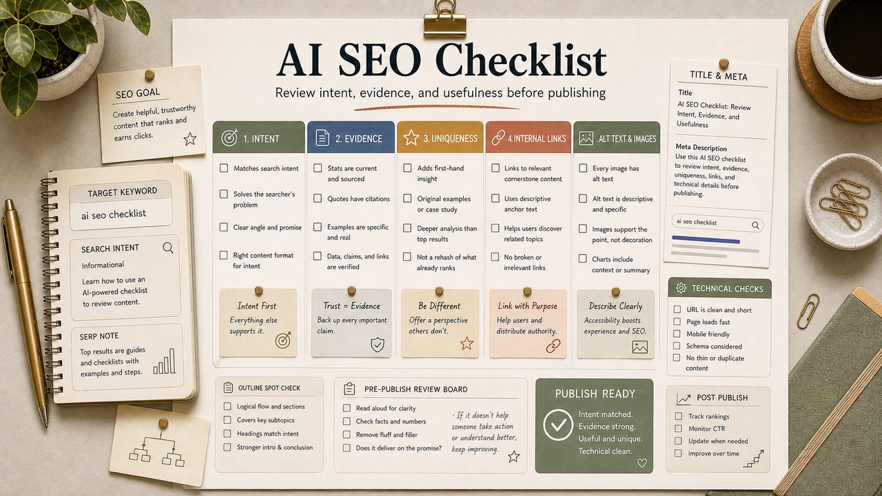 AI SEO checklist cover showing search intent cards, evidence checks, uniqueness notes, internal links and pre-publish review