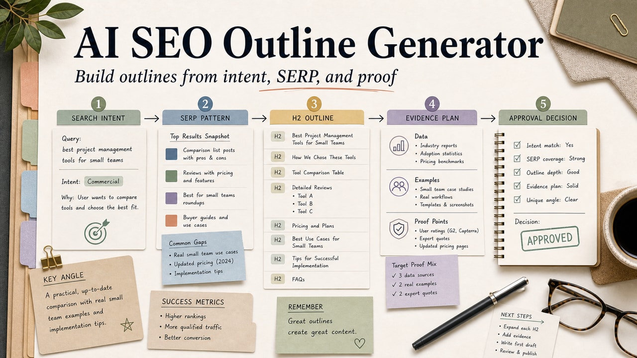 AI SEO outline generator cover showing SERP notes, search intent cards, H2 outline blocks, evidence plan and approval checklist