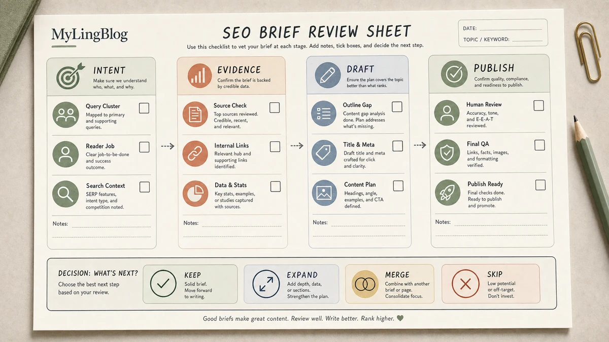 AI SEO workflow brief review sheet for keyword research with Intent, Evidence, Draft and Publish checkpoints