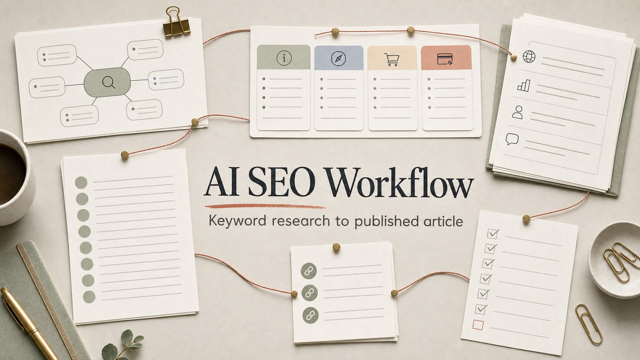 AI SEO workflow cover showing keyword map, search intent cards, evidence stack, outline sheet and publish checklist