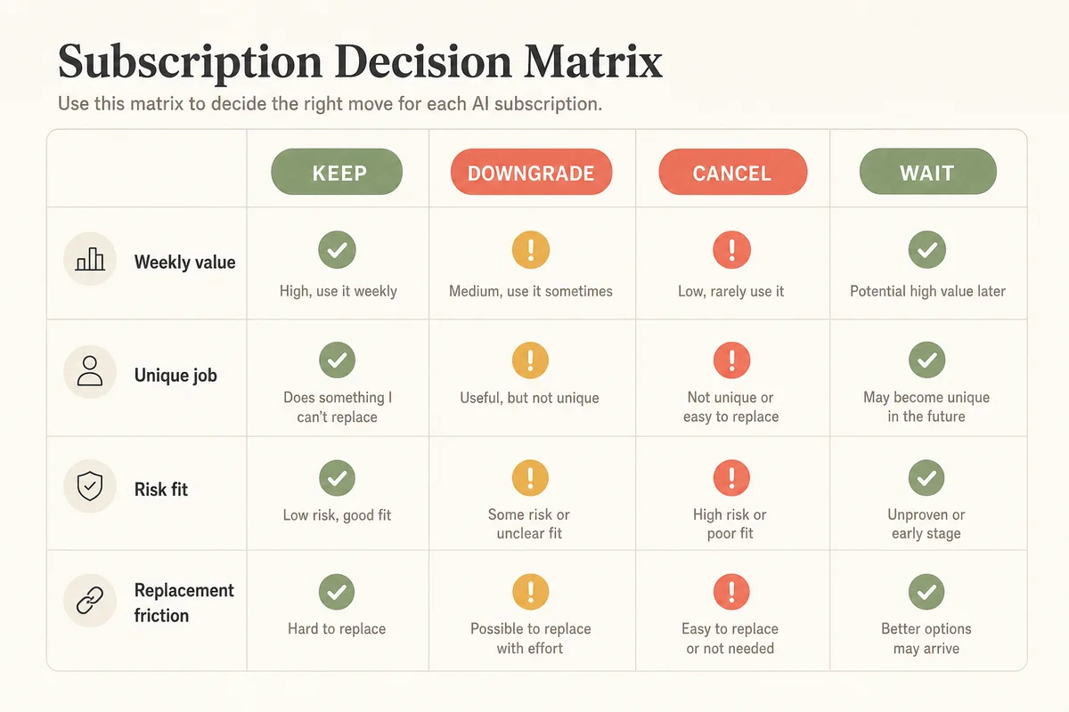 AI subscription audit decision matrix for keep downgrade cancel tool stack choices