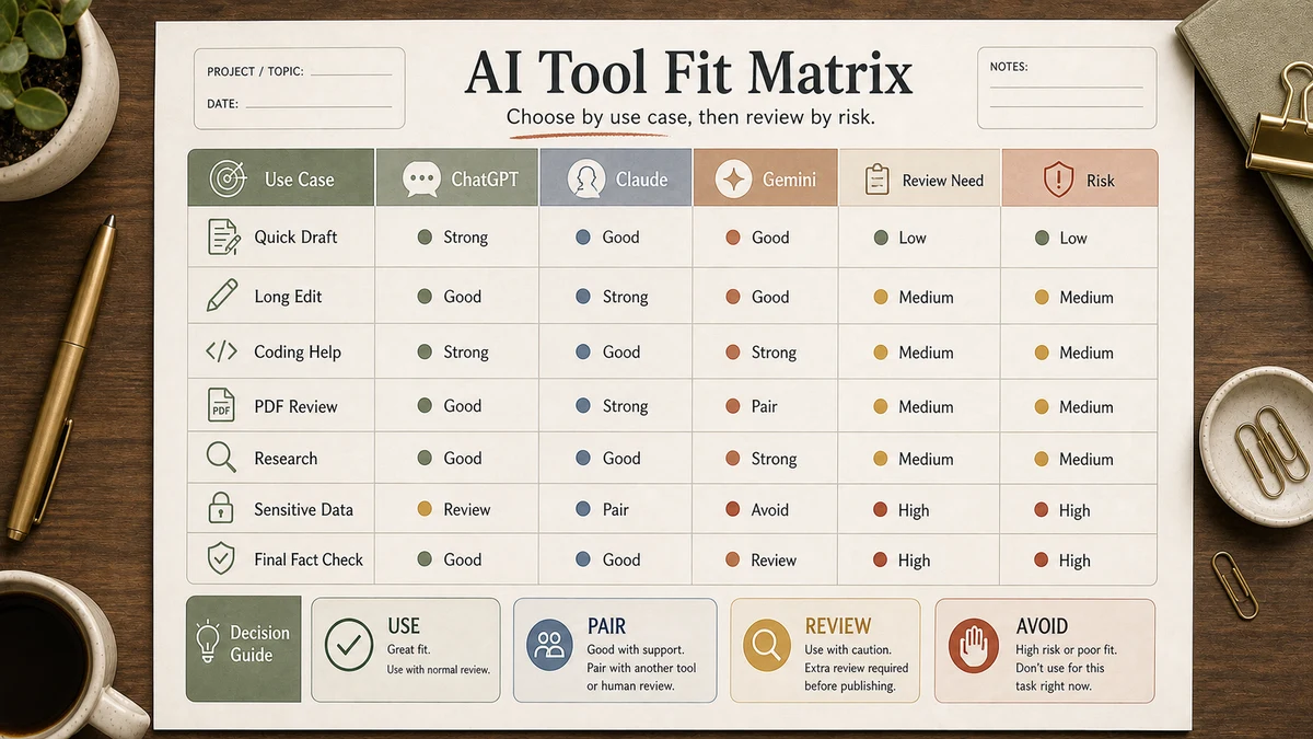 ChatGPT vs Claude vs Gemini tool fit matrix by use case with Review Need and Risk columns