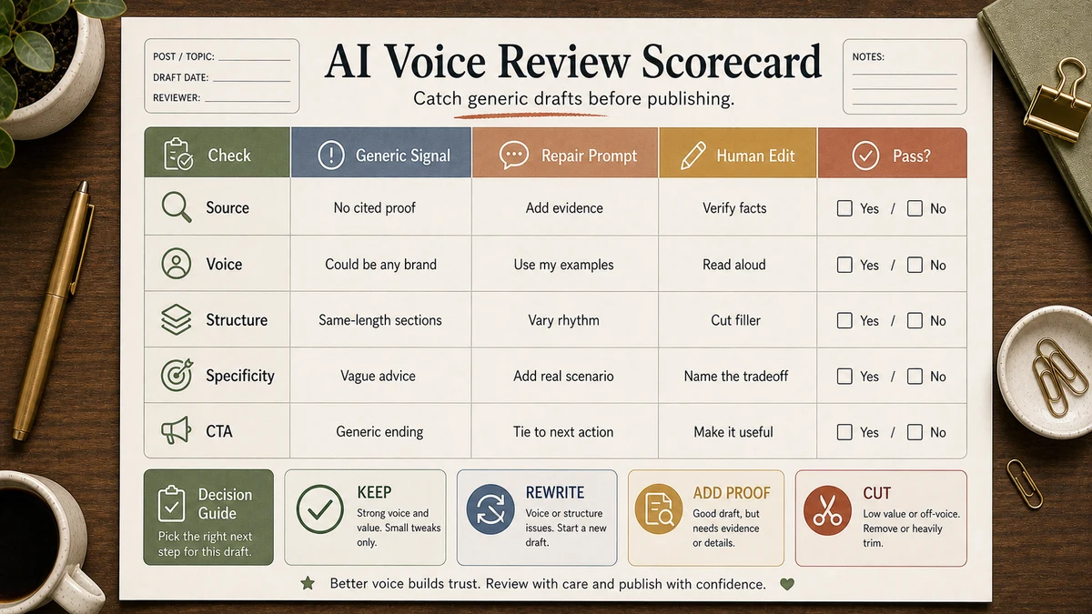 ChatGPT blog writing AI voice review scorecard with Source, Voice, Structure and Generic Phrase checks