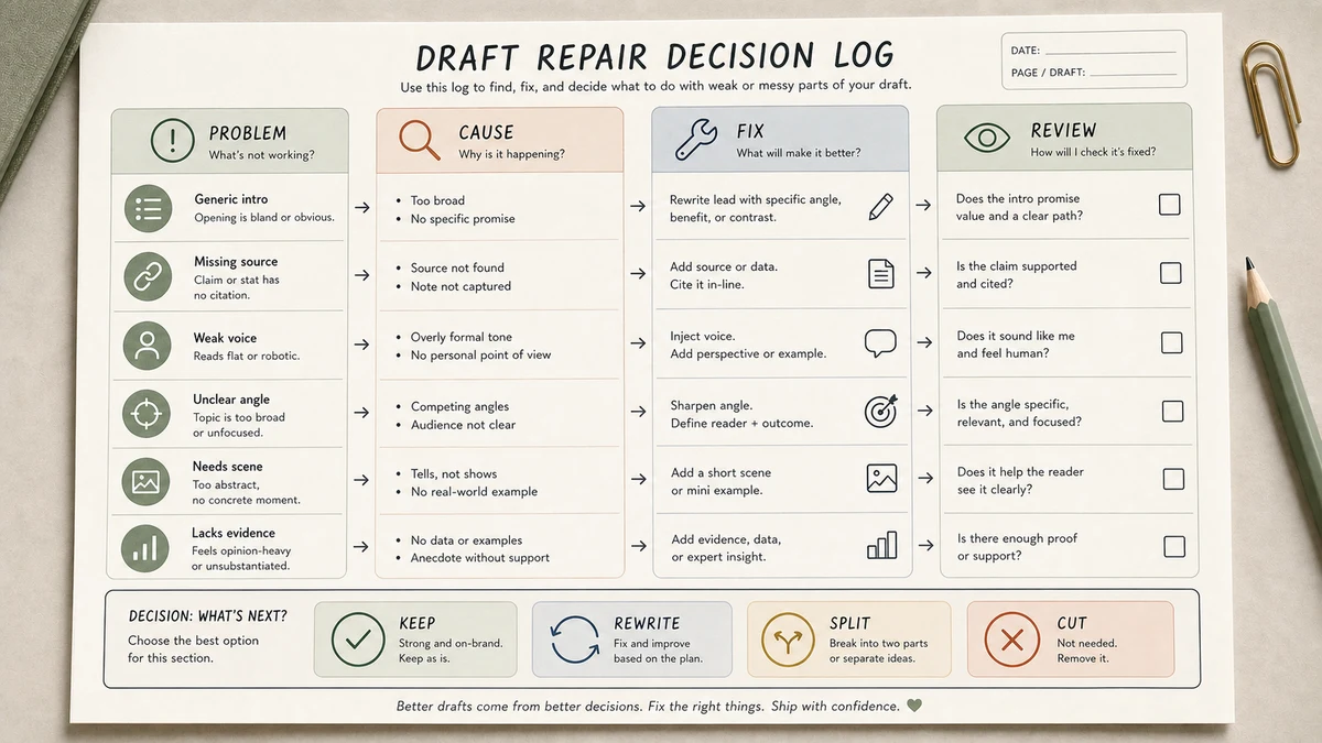 AI writing workflow for bloggers draft repair decision log with Problem, Cause, Fix and Review columns