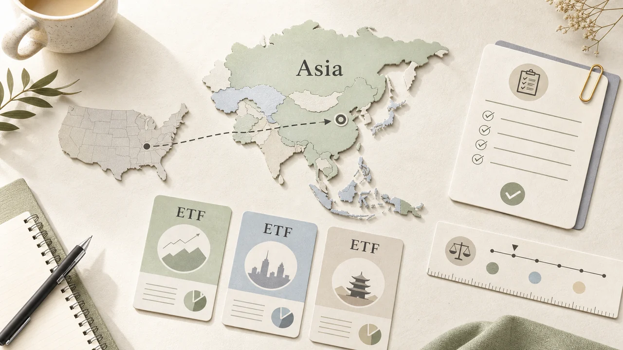 Paper-cut US-to-Asia ETF planning desk with fund cards, fee ruler and checklist for choosing Asia exposure