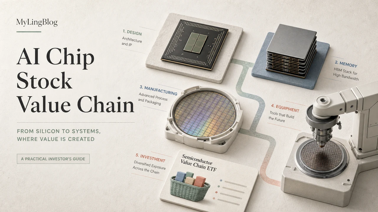 AI chip value-chain cover showing accelerators, memory stacks, foundry wafers, and semiconductor equipment as a four-layer investment map