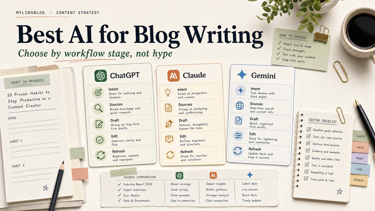 Best AI for blog writing cover showing ChatGPT, Claude and Gemini workflow cards, draft page, source comparison notes and editor checklist