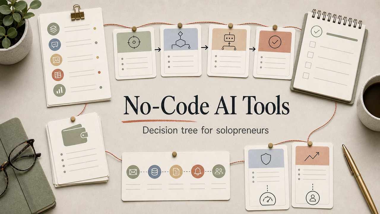 Best no-code AI tools cover showing solopreneur stack cards, decision paths, budget notes and automation checklist