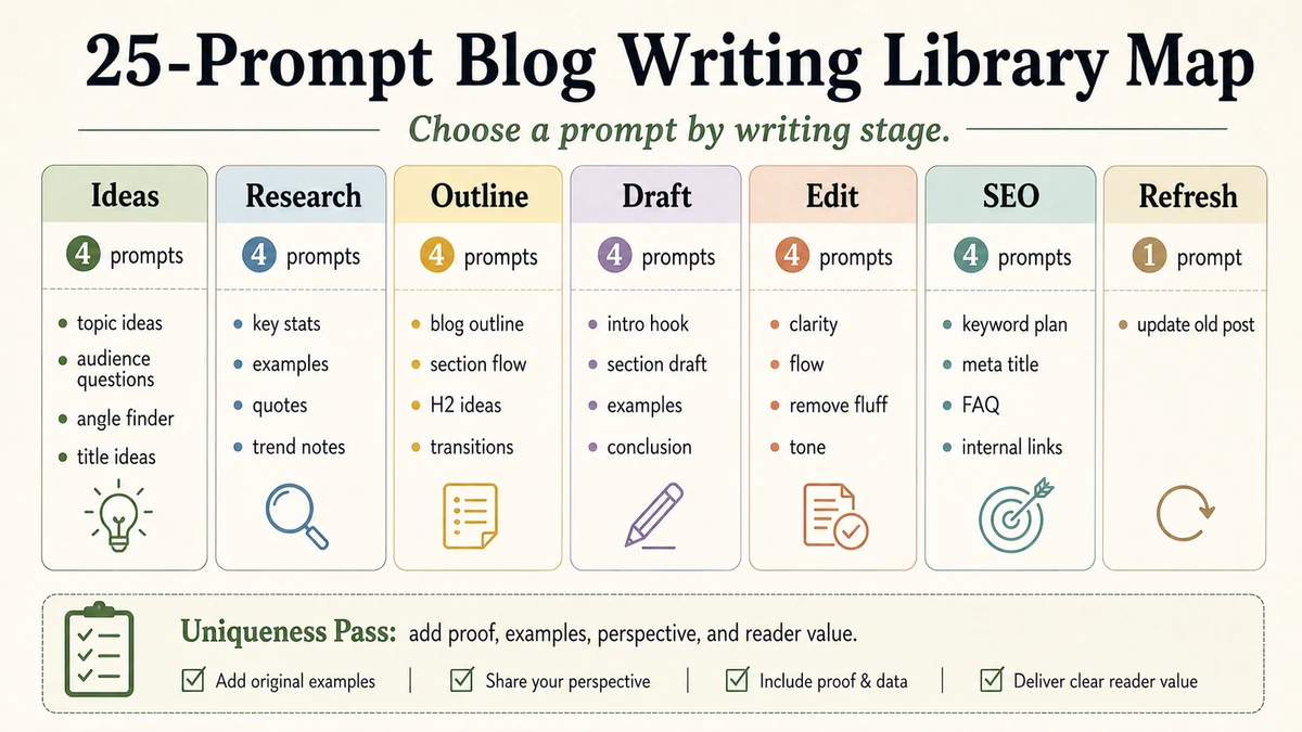 ChatGPT prompts for blog writing 25 prompt library map with Ideation, Outline, Draft, Editing, SEO and Refresh sections