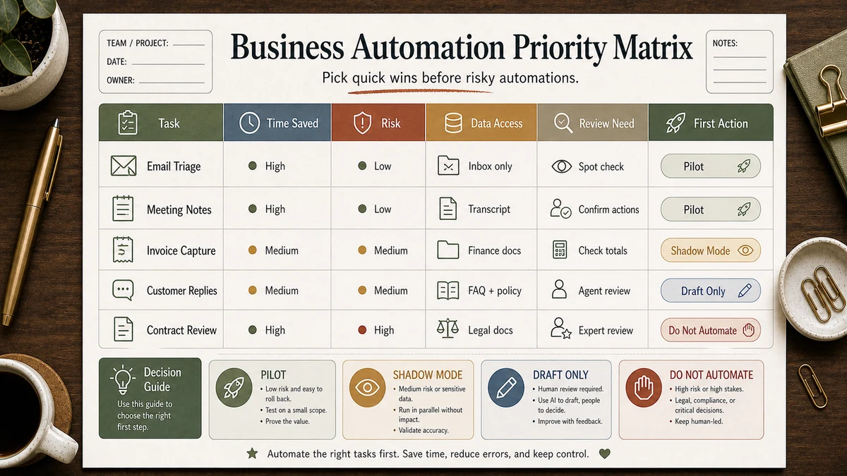AI business automation tasks priority matrix ranked by Time Saved, Risk, Data Access, Review Need and First Action