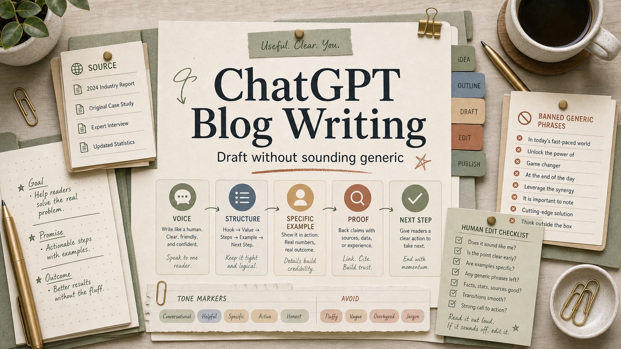 ChatGPT blog writing cover showing voice notes, source cards, draft pages, banned generic phrases and human edit checklist