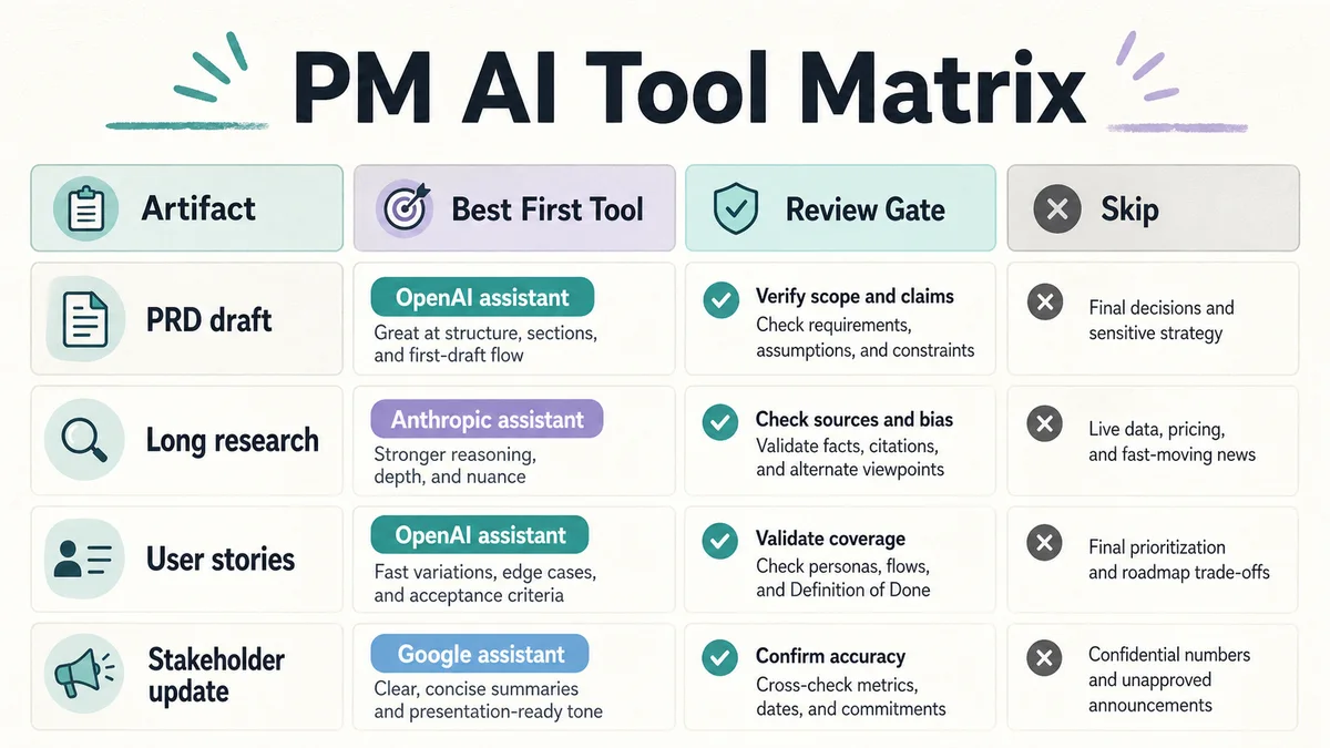 Product manager AI decision matrix comparing PRD notes, user stories, roadmap research, and stakeholder update tasks