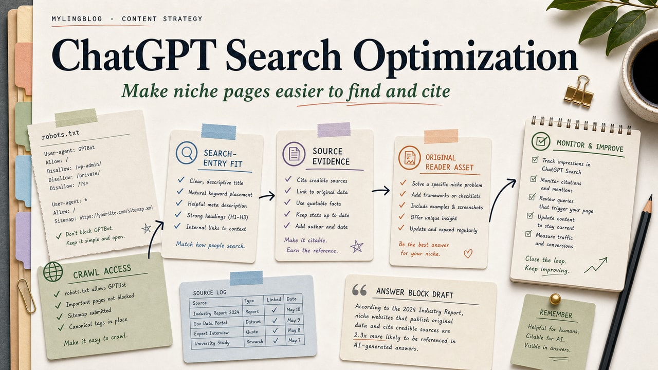 ChatGPT Search optimization cover showing crawl access, search entry fit, source evidence, original reader asset and monitoring checklist