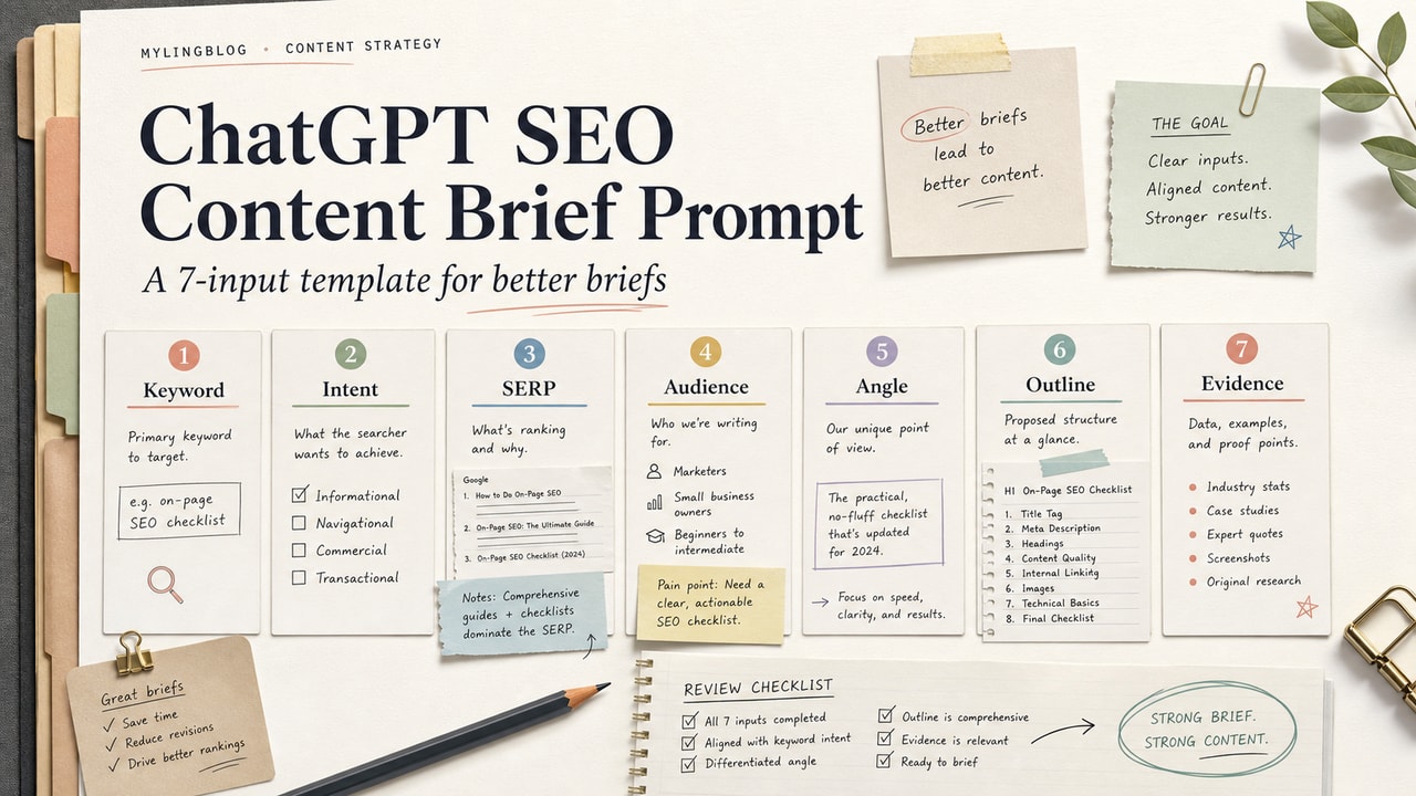 ChatGPT SEO content brief prompt cover showing seven input cards, SERP notes, audience angle, outline draft and brief review checklist