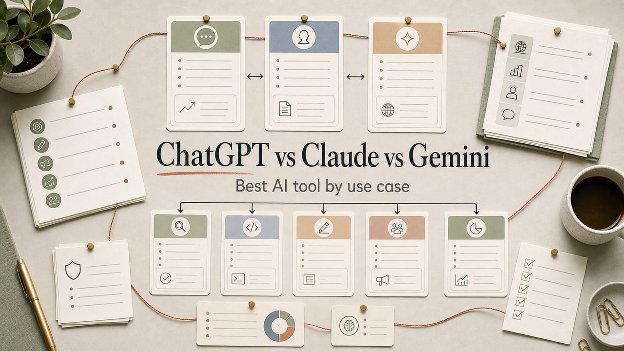 ChatGPT vs Claude vs Gemini cover showing neutral AI tool cards, use-case routing, review checklist and source stack