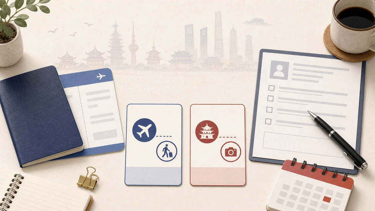 US passport and boarding pass beside a pastel Shanghai skyline, illustrating China visa rules for US citizens in 2026.